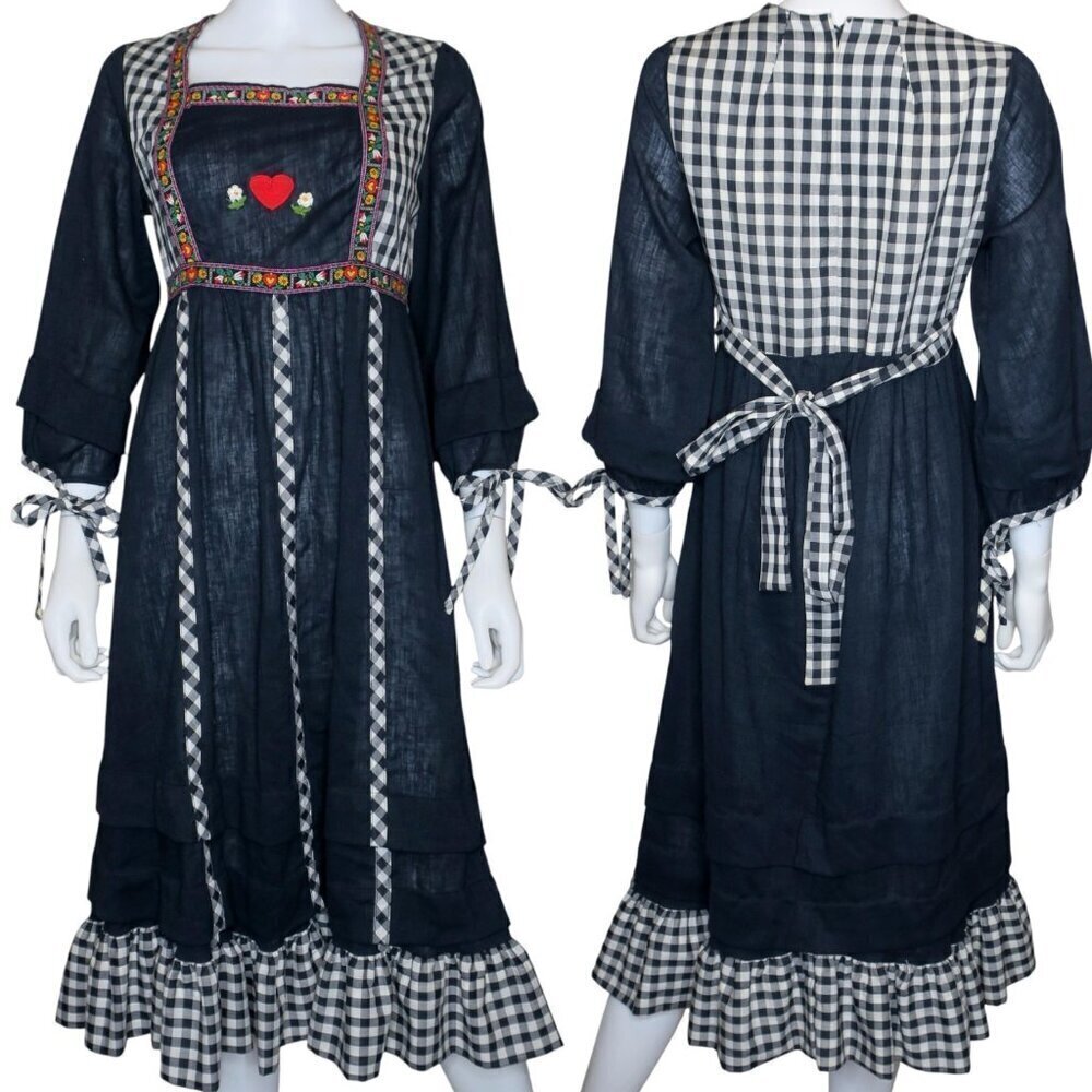 Vintage Cottagecore Blue Midi Dress Gunne Sax Style Prairie Gingham Womens Small